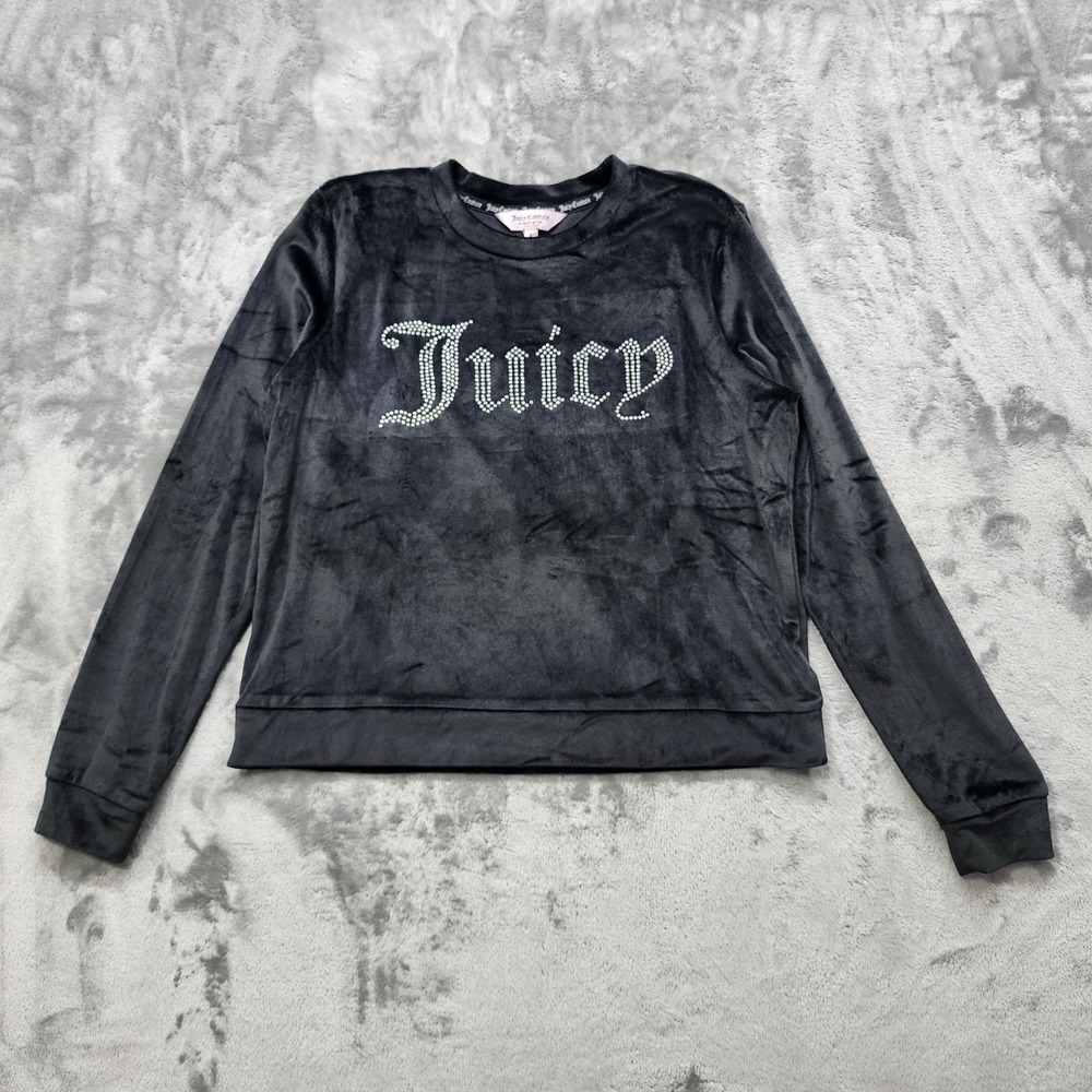 Juicy Couture Top Womens S‎ Black Velour Embellished Crewneck Sweatshirt Casual